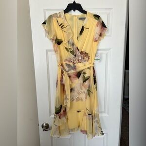 Danny & Nicole Yellow Floral Dress Ruffle Flutter Surplice MIDI